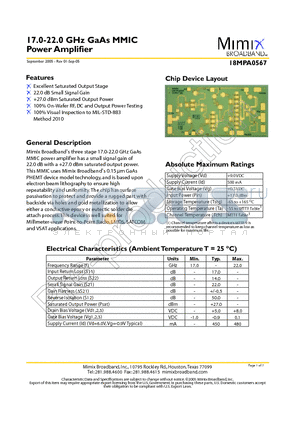 18MPA0567S22 datasheet - 17.0-22.0 GHz GaAs MMIC Power Amplifier