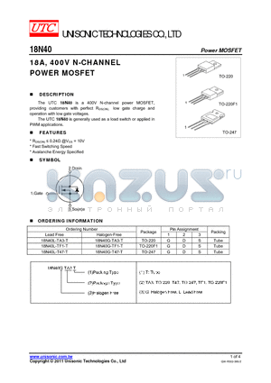 18N40L-TF1-T datasheet - 18A, 400V N-CHANNEL POWER MOSFET