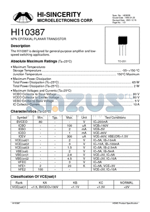 HI10387 datasheet - NPN EPITAXIAL PLANAR TRANSISTOR