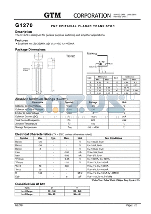 G1270 datasheet - NPN EPITAXIAL PLANAR TRANSISTOR