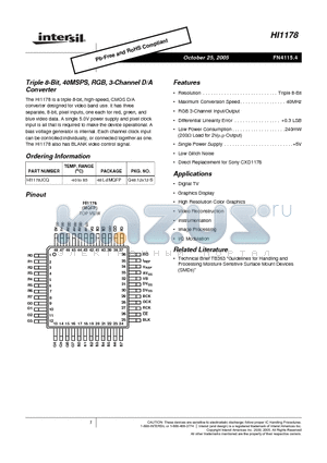 HI1178_05 datasheet - Triple 8-Bit, 40MSPS, RGB, 3-Channel D/A Converter