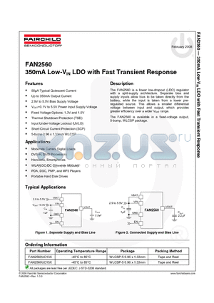FAN2560 datasheet - 350mA Low-VIN LDO with Fast Transient Response