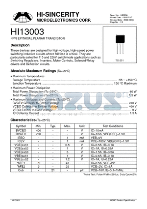 HI13003 datasheet - NPN EPITAXIAL PLANAR TRANSISTOR