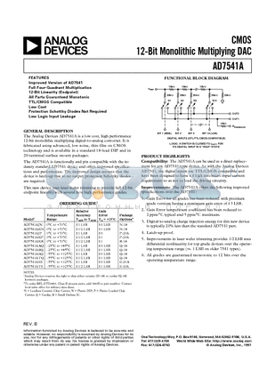 AD7541ATE datasheet - CMOS 12-Bit Monolithic Multiplying DAC