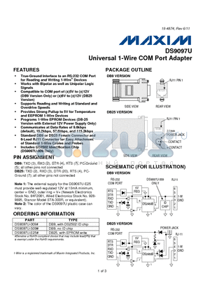 DS9097U datasheet - Universal 1-Wire COM Port Adapter Provides Strong Pullup to 5V for Temperature