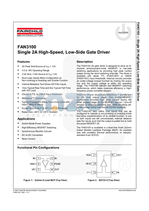 FAN3100CSX datasheet - Single 2A High-Speed, Low-Side Gate Driver