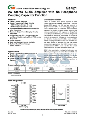 G1421F datasheet - 2W Stereo Audio Amplifier with No Headphone Coupling Capacitor Function