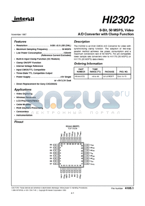 HI2302JCQ datasheet - 8-Bit, 50 MSPS, Video A/D Converter with Clamp Function