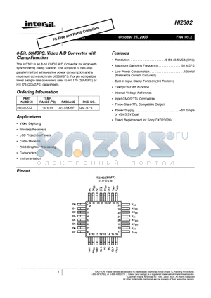 HI2302JCQ datasheet - 8-Bit, 50MSPS, Video A/D Converter with Clamp Function