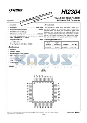 HI2304JCQ datasheet - Triple 8-Bit, 20 MSPS, RGB, 3-Channel D/A Converter