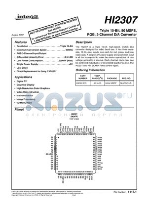 HI2307 datasheet - Triple 10-Bit, 50 MSPS, RGB, 3-Channel D/A Converter