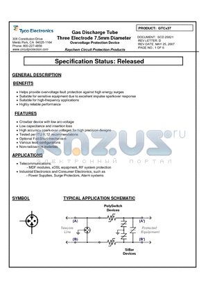 GTCR37-301M-P10-FS datasheet - Gas Discharge Tube Three Electrode 7.5mm Diameter