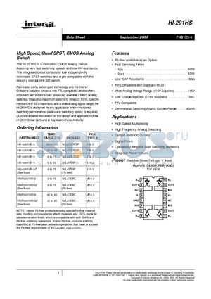 HI3-0201HS-5 datasheet - High Speed, Quad SPST, CMOS Analog Switch