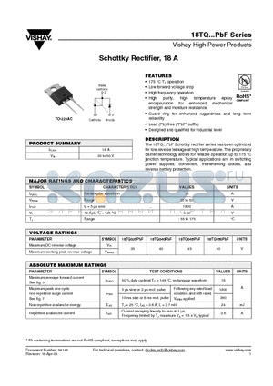 18TQPBF datasheet - Schottky Rectifier, 18 A