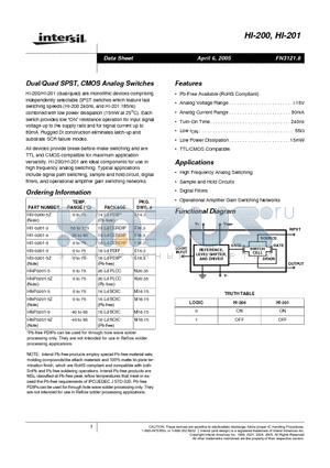 HI3-0200-5Z datasheet - Dual/Quad SPST, CMOS Analog Switches