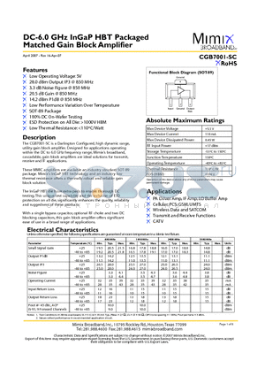CGB7001-SC datasheet - DC-6.0 GHz InGaP HBT Packaged Matched Gain Block Amplifier