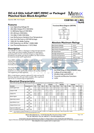 CGB7001-SC_0609 datasheet - DC-6.0 GHz InGaP HBT, MMIC or Packaged Matched Gain Block Amplifier
