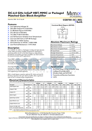 CGB7001-SP-0G0T datasheet - DC-6.0 GHz InGaP HBT, MMIC or Packaged Matched Gain Block Amplifier