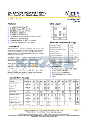 CGB7003-BD_07 datasheet - DC-6.0 GHz InGaP HBT MMIC Matched Gain Block Amplifier