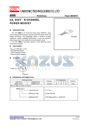 8N90_1112 datasheet - 8A, 900V N-CHANNEL POWER MOSFET