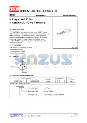 8N90G-TA3-T datasheet - 8 Amps, 900 Volts N-CHANNEL POWER MOSFET
