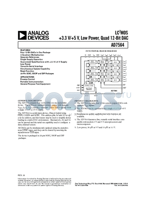 AD7564BN datasheet - LC2MOS 3.3 V/5 V, Low Power, Quad 12-Bit DAC