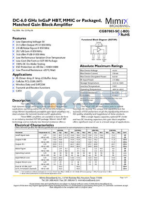 CGB7003-SP-0G00 datasheet - DC-6.0 GHz InGaP HBT, MMIC or Packaged, Matched Gain Block Amplifier