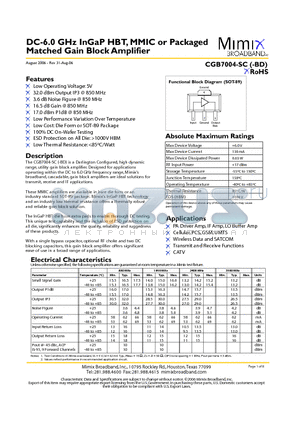 CGB7004-SC-0G00 datasheet - DC-6.0 GHz InGaP HBT, MMIC or Packaged Matched Gain Block Amplifier