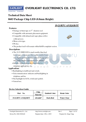 19-21-R7C-AN2Q1B-3T datasheet - 0603 Package Chip LED (0.8mm Height)