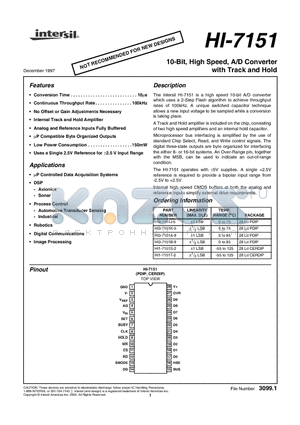 HI3-7151A-9 datasheet - 10-Bit, High Speed, A/D Converter with Track and Hold