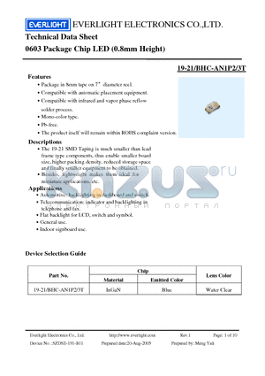 19-21/BHC-A10N23T datasheet - 0603 Package Chip LED (0.8mm Height)