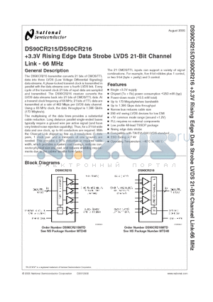 DS90CR215MTD datasheet - 3.3V Rising Edge Data Strobe LVDS 21-Bit Channel Link - 66 MHz