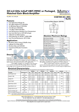 CGB7005-SC-0G00 datasheet - DC-6.0 GHz InGaP HBT, MMIC or Packaged, Matched Gain Block Amplifier