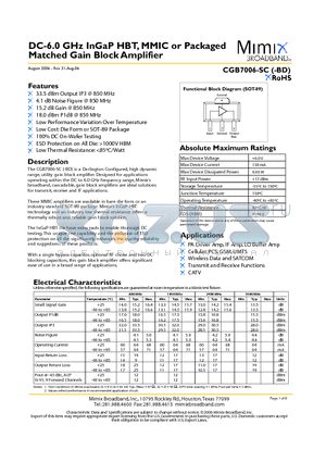 CGB7006-BD datasheet - DC-6.0 GHz InGaP HBT, MMIC or Packaged Matched Gain Block Amplifier