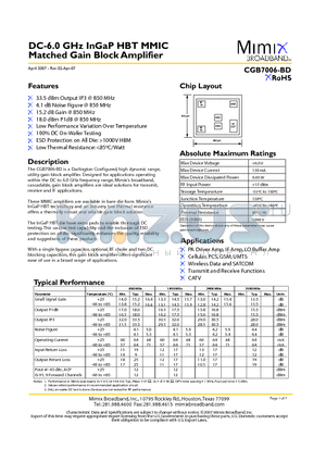 CGB7006-BD-000V datasheet - DC-6.0 GHz InGaP HBT MMIC Matched Gain Block Amplifier