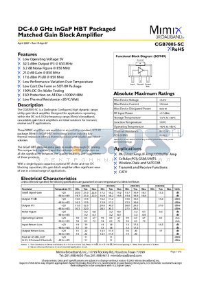 CGB7005-SC-0G00 datasheet - DC-6.0 GHz InGaP HBT Packaged Matched Gain Block Amplifier