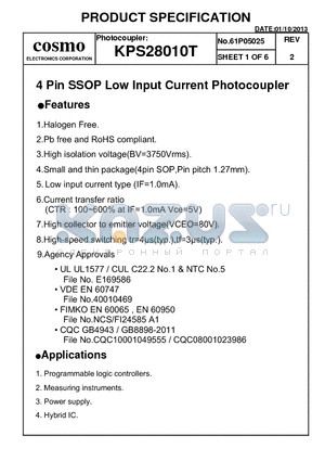 KPS28010T datasheet - 4 Pin SSOP Low Input Current Photocoupler