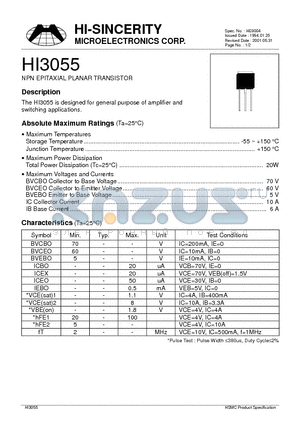 HI3055 datasheet - NPN EPITAXIAL PLANAR TRANSISTOR