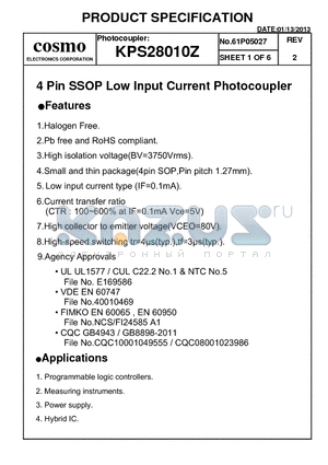 KPS28010Z datasheet - 4 Pin SSOP Low Input Current Photocoupler