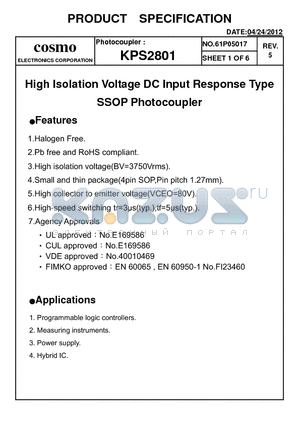KPS2801_12 datasheet - High Isolation Voltage DC Input Response Type SSOP Photocoupler