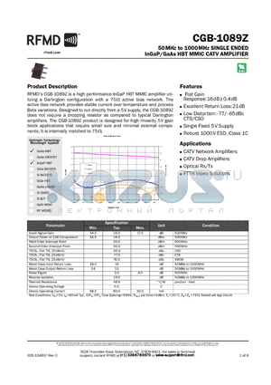CGB-1089Z datasheet - 50MHz to 1000MHz SINGLE ENDED InGaP/GaAs HBT MMIC CATV AMPLIFIER