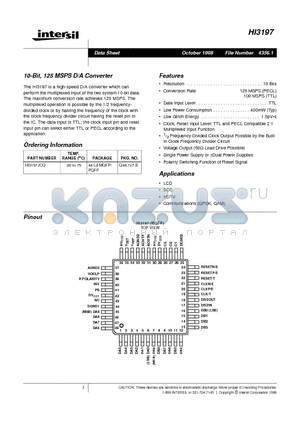 HI3197 datasheet - 10-Bit, 125 MSPS D/A Converter