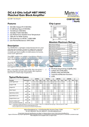 CGB7007-BD-000V datasheet - DC-6.0 GHz InGaP HBT MMIC Matched Gain Block Amplifier