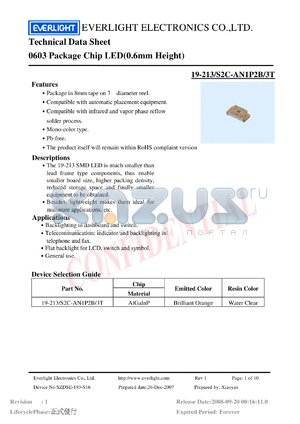 19-213-S2C-AN1P2B-3T datasheet - 0603 Package Chip LED(0.6mm Height)