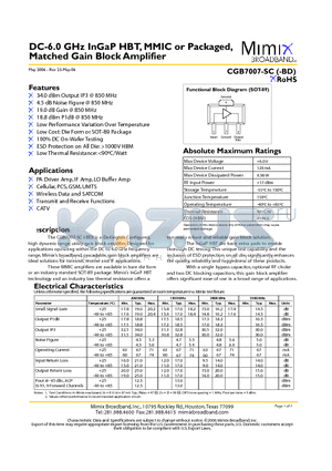 CGB7007-SC-0G00 datasheet - DC-6.0 GHz InGaP HBT, MMIC or Packaged, Matched Gain Block Amplifier