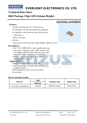 19-213-S2C-AN1P2B-3T datasheet - 0603 Package Chip LED (0.6mm Height)