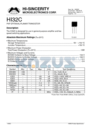 HI32C datasheet - PNP EPITAXIAL PLANAR TRANSISTOR