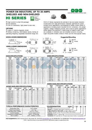 HI330-100KT datasheet - POWER SM INDUCTORS, UP TO 20 AMPS SHIELDED AND NON-SHIELDED