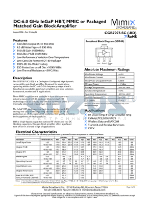 CGB7007-SP-0G00 datasheet - DC-6.0 GHz InGaP HBT, MMIC or Packaged Matched Gain Block Amplifier