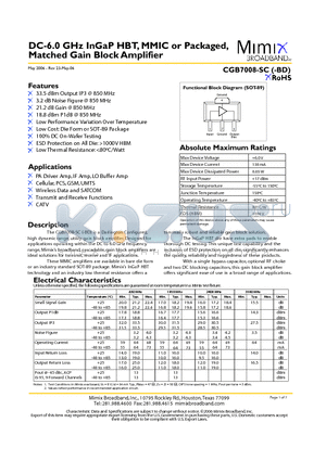 CGB7008-SP-0G00 datasheet - CGB7008-SC Matched Gain Block Amplifier